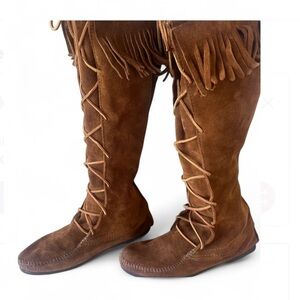 Minnetonka Knee high tan suede moccasin boots size 8